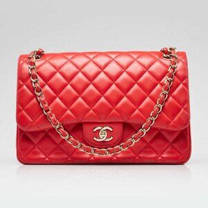 Chanel Red Quilted Lambskin Leather Classic Jumbo Double Flap Bag